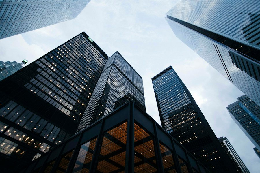 Upward view of contemporary glass towers